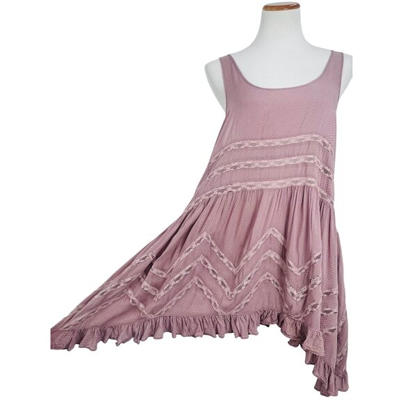 Free People Pink Tiered Ruffle Voile & Lace Mini Slip Dress | Cottagecore Boho M - Picture 7 of 16